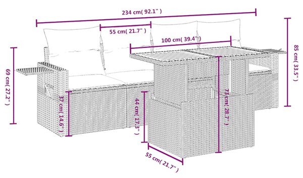 5 részes fekete polyrattan kerti kanapészett párnákkal