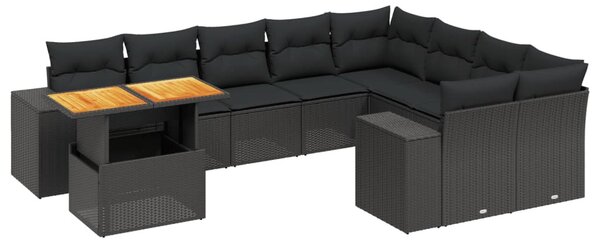 10 részes fekete polyrattan kerti ülőgarnitúra párnákkal