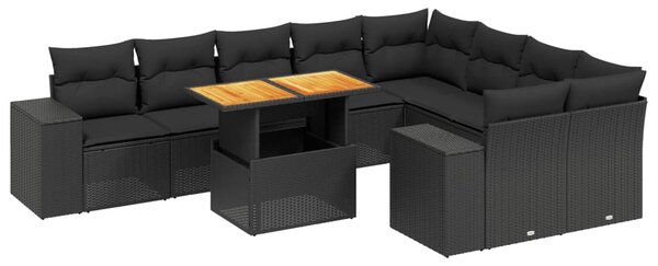 10 részes fekete polyrattan kerti ülőgarnitúra párnákkal