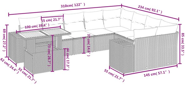 10 részes fekete polyrattan kerti ülőgarnitúra párnákkal