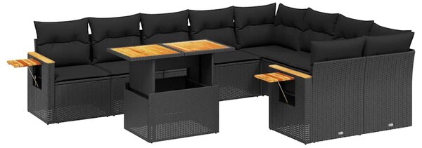 10 részes fekete polyrattan kerti ülőgarnitúra párnákkal