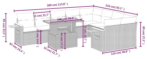 10 részes fekete polyrattan kerti ülőgarnitúra párnákkal