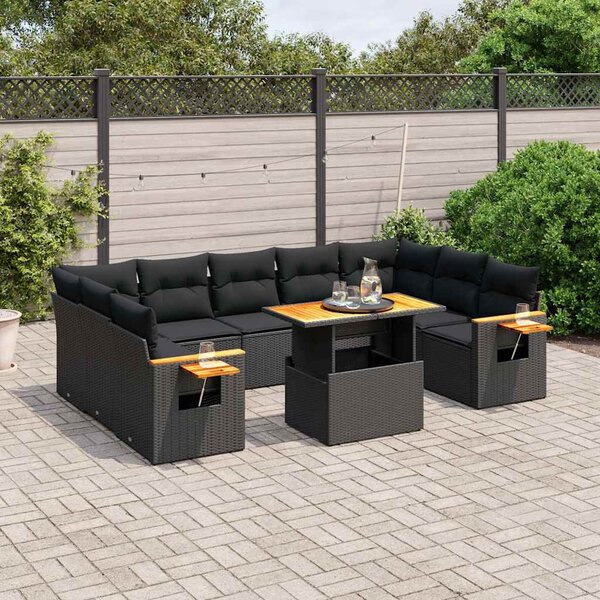 10 részes fekete polyrattan kerti ülőgarnitúra párnákkal