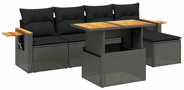 6 részes fekete polyrattan kerti ülőgarnitúra párnákkal