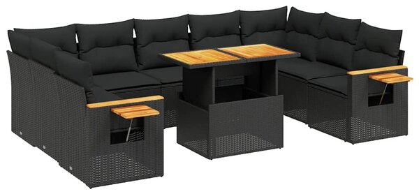 10 részes fekete polyrattan kerti ülőgarnitúra párnákkal