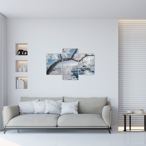 A víz mellett egy havas fa képe (90x60 cm)