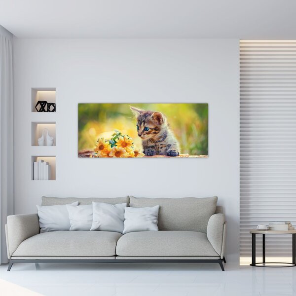 Macska képe ahogy a virágot nézi (120x50 cm)