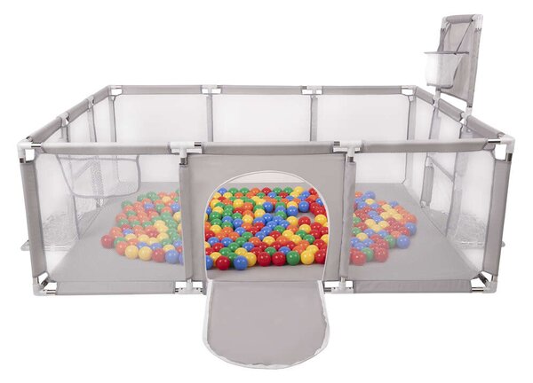 Gyermek járóka focikapuval és kosár palánkkal örökmozgó babáknak mintás játszószőnyeggel – semleges, unisex szín (BBJ)