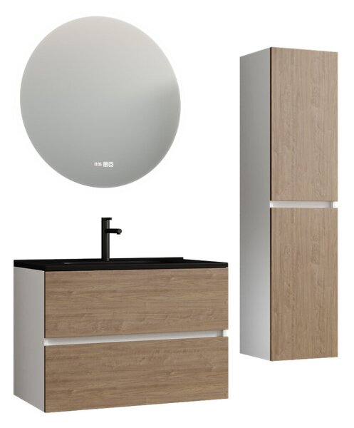 HD Aria Glossy White-Oak 80 komplett fürdőszoba bútor szett fali mosdószekrénnyel, matt fekete slim mosdóval, tükörrel és magas szekrénnyel