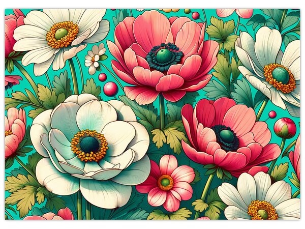 Kép - Virágok kék háttéren (70x50 cm)