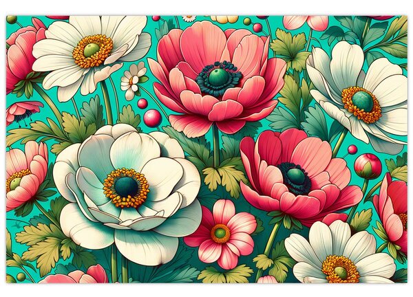 Kép - Virágok kék háttéren (90x60 cm)