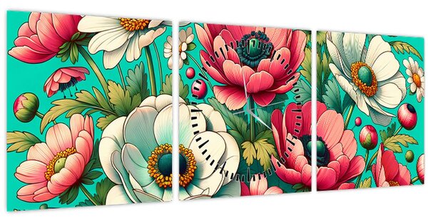 Kép - Virágok kék háttéren (órával) (90x30 cm)