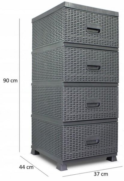 ShopJK RATTAN MŰANYAG KOMÓD 4 DB FIÓKKAL - SZÜRKE