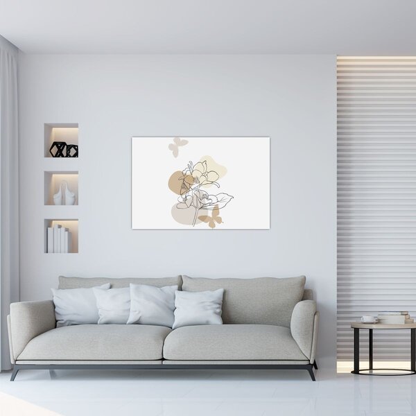 Kép - Bézs virágok pillangóval N⁰1 (90x60 cm)