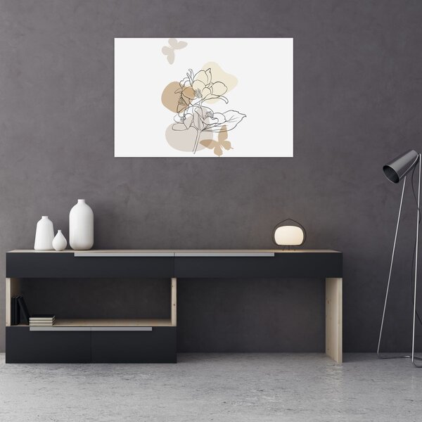 Kép - Bézs virágok pillangóval N⁰1 (90x60 cm)