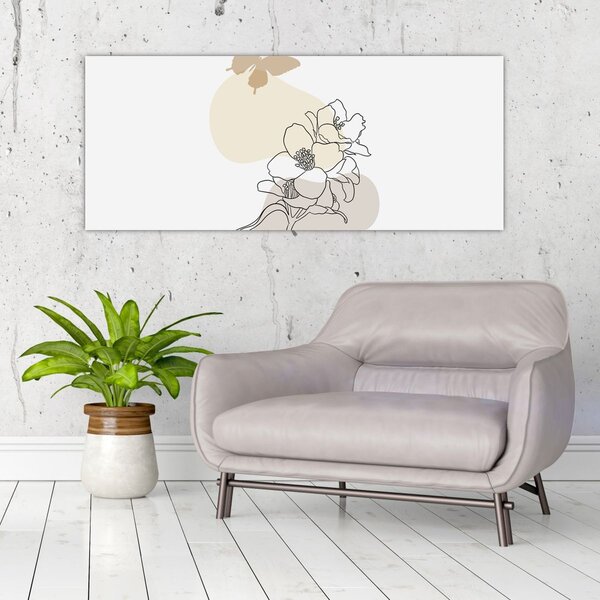 Kép - Bézs virágok pillangóval N⁰3 (120x50 cm)
