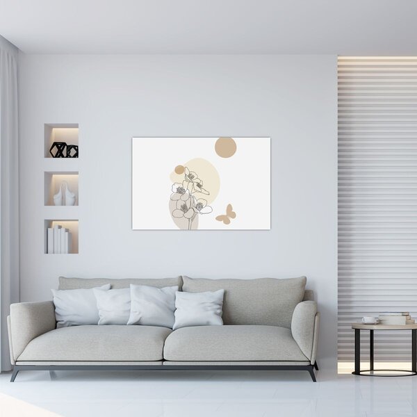 Kép - Bézs virágok pillangóval N⁰4 (90x60 cm)