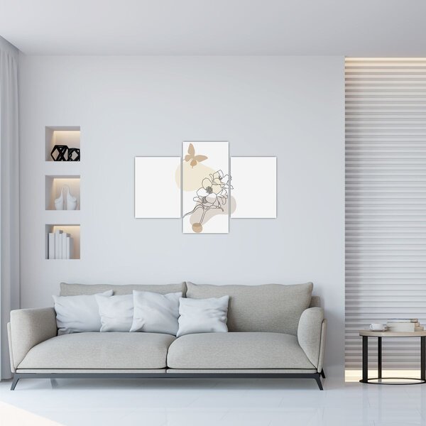 Kép - Bézs virágok pillangóval N⁰3 (90x60 cm)