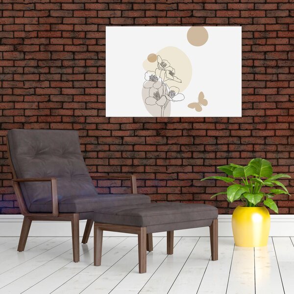 Kép - Bézs virágok pillangóval N⁰4 (90x60 cm)