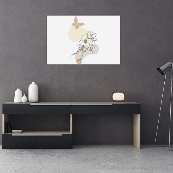 Kép - Bézs virágok pillangóval N⁰3 (90x60 cm)