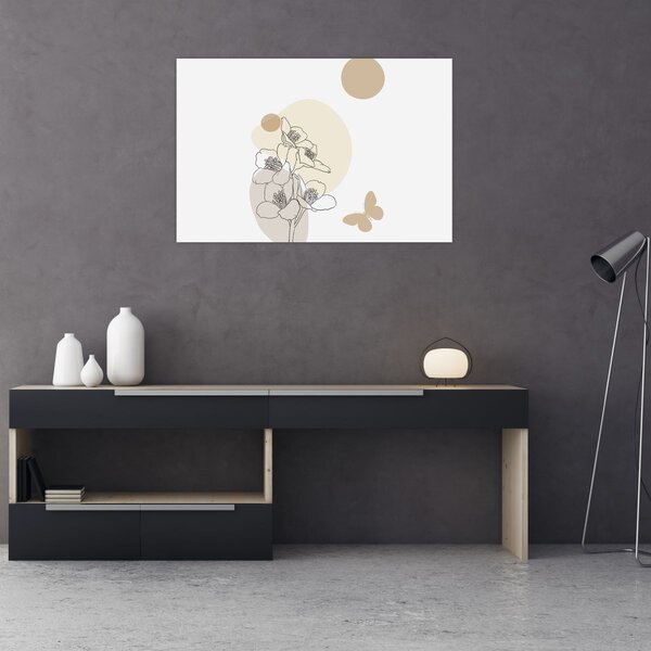 Kép - Bézs virágok pillangóval N⁰4 (90x60 cm)