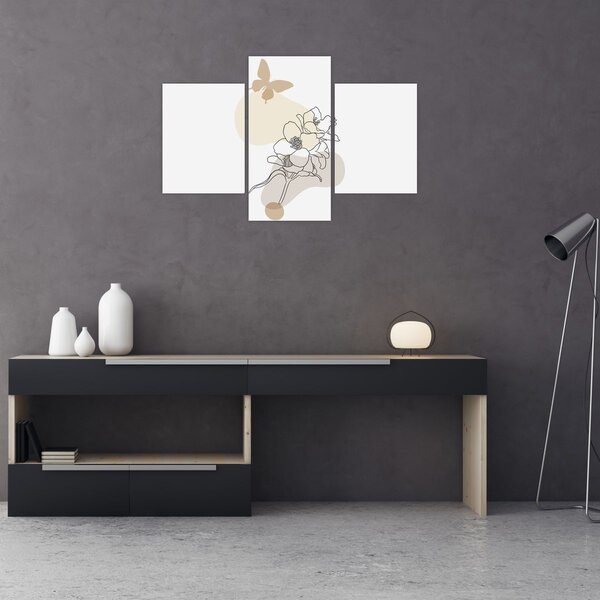 Kép - Bézs virágok pillangóval N⁰3 (90x60 cm)