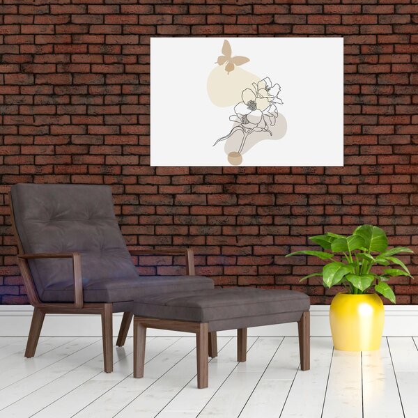 Kép - Bézs virágok pillangóval N⁰3 (90x60 cm)
