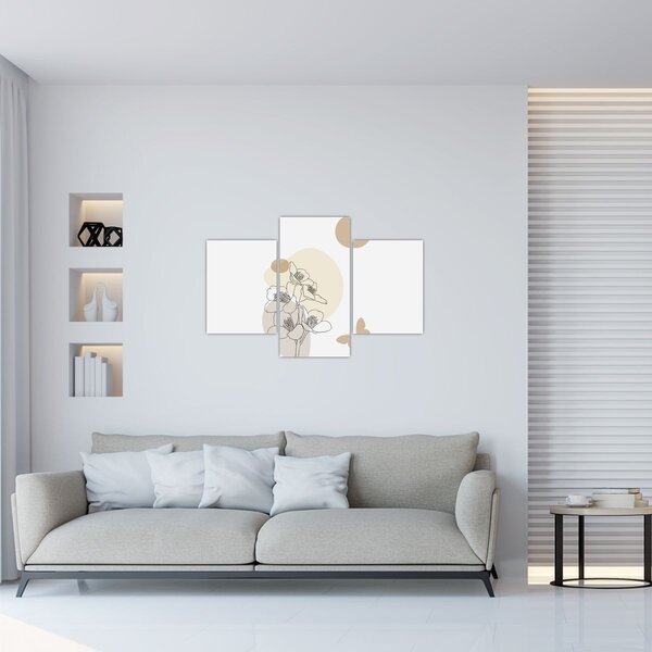 Kép - Bézs virágok pillangóval N⁰4 (90x60 cm)
