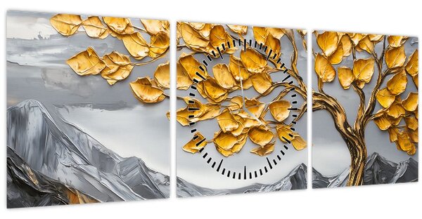 Kép – Fa arany levelekkel (órával) (90x30 cm)
