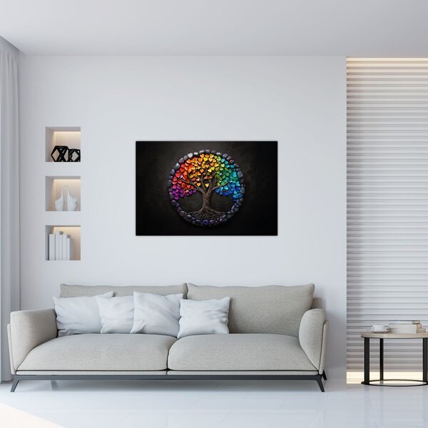 Kép – Fa színes szívekkel (90x60 cm)