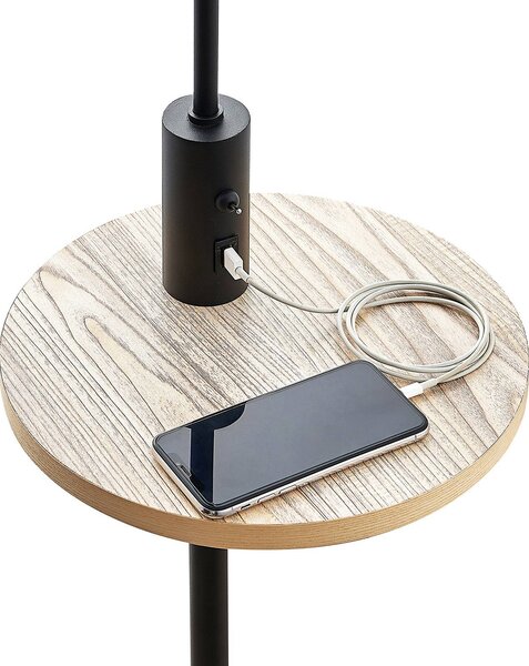 Lindby állólámpa Zinia, fekete, polccal, USB csatlakozóval, Fekete, Nappali / Étkező, fém, Modern