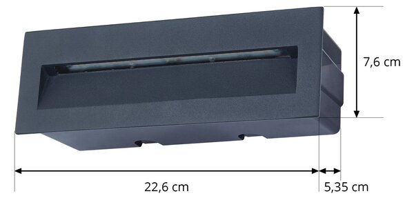 Lucande LED beépíthető fali lámpa Loya, 23 x 8 cm, szürke, IP54, Fekete, Alumínium, Modern