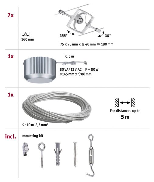 Paulmann Wire Mac II kábelrendszer 7 izzós, króm, Alu / szürke / cink, Folyosó, fém, Modern