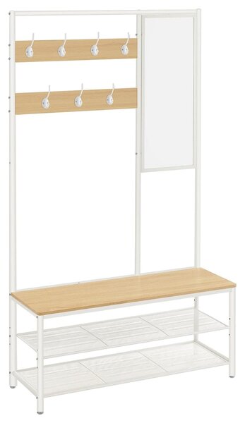 Kabáttartó állvány cipőtárolóval, előszobafal tükörrel és cipőspolcokkal 35x98x180 cm, tölgy színű és fehér