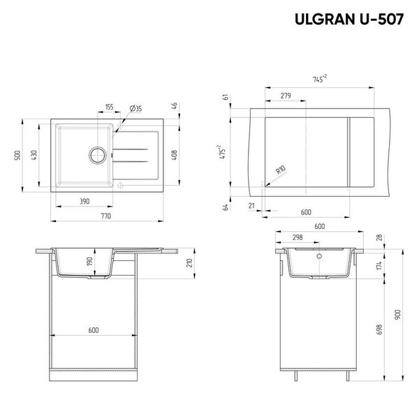 Ulgran U-507-328 Gránit Mosogatótálca - Csepegtetőtálcás, Bézs