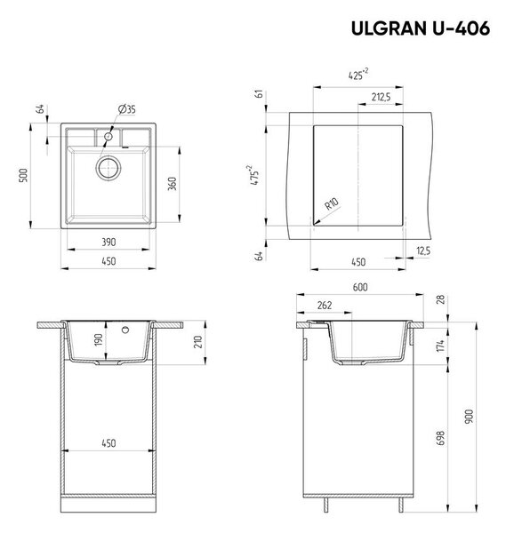 Ulgran U-406-328 Gránit Mosogatótálca - Egymedencés, Négyzet, Bézs