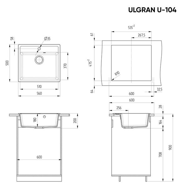 Ulgran U-104-343 Gránit Mosogatótálca - Egymedencés, Négyzet, Antracit