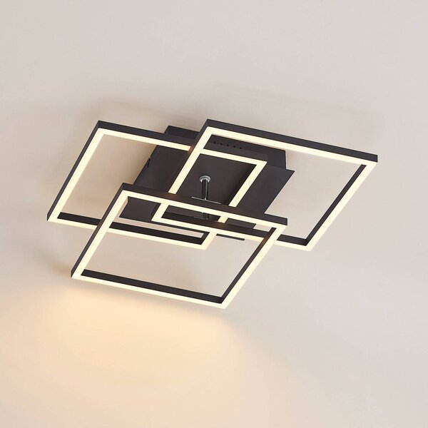 Lindby LED mennyezeti lámpa Quiana, CCT, szögletes, fekete, 42cm, dimmelhető, Fekete, Nappali / Étkező, Alumínium, Modern