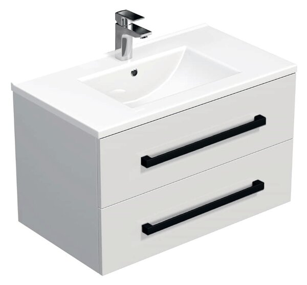Fürdőszobaszekrény fekete fogantyúval és mosdókagylóval SAT Cube Way 80x47,5x46 cm fehér fényes CUBE46C802BIMOD