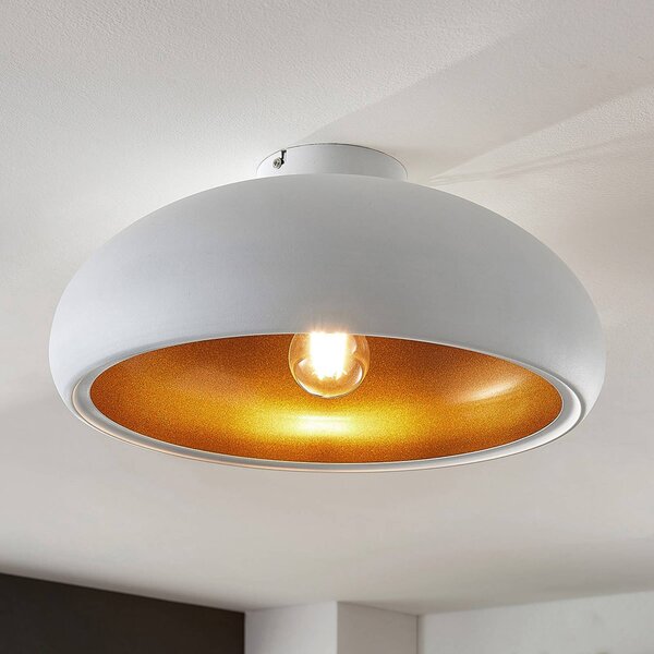 Lindby mennyezeti lámpa Gerwina, fehér/arany, fém, 40 cm, E27, dimmelhető, Fehér / opál, Nappali / Étkező, fém, Modern