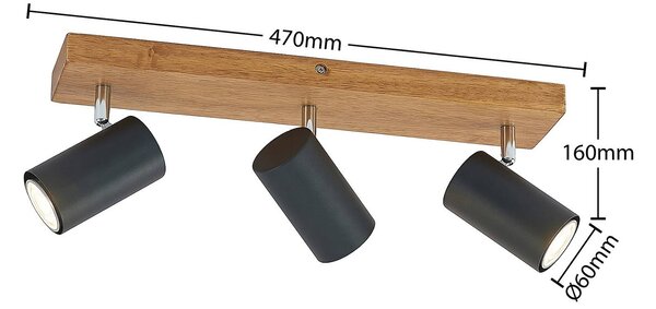 Lindby Maniva mennyezeti spotlámpa, 44cm, 3 lámpás, fekete, GU10, dimmelhető, Világos fa, Nappali / Étkező, fém, Modern