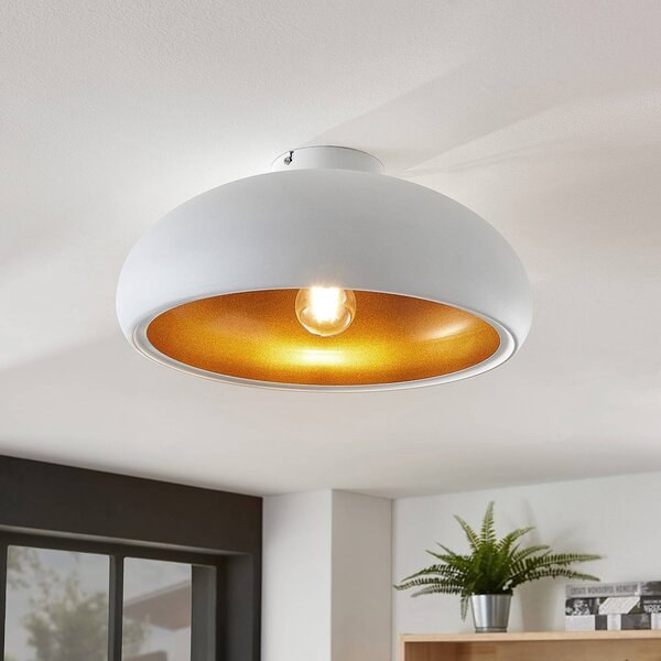 Lindby mennyezeti lámpa Gerwina, fehér/arany, fém, 40 cm, E27, dimmelhető, Fehér / opál, Nappali / Étkező, fém, Modern