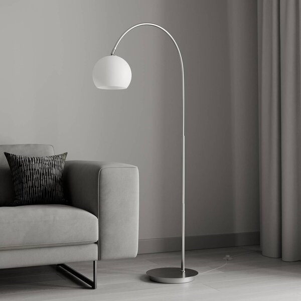 Lindby Ívlámpa Cynthia, nikkel színű, üveg, 140 cm, E27, Alu / szürke / cink, Nappali / Étkező, Üveg, Modern