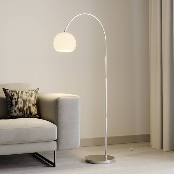 Lindby Ívlámpa Cynthia, nikkel színű, üveg, 140 cm, E27, Alu / szürke / cink, Nappali / Étkező, Üveg, Modern