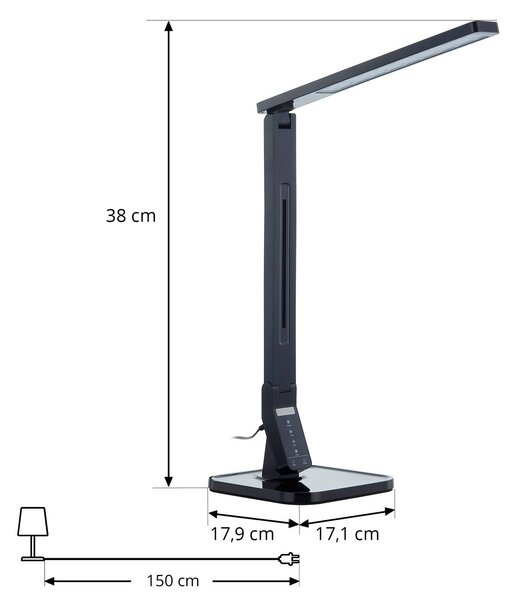Lindby LED asztali lámpa Eleni, fekete, CCT, dimmelhető, dimmelhető, Fekete, Dolgozószoba / Iroda, Műanyag, Modern
