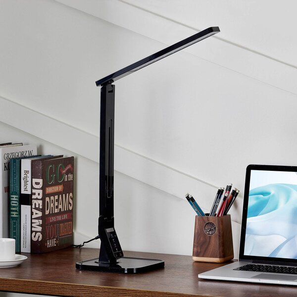 Lindby LED asztali lámpa Eleni, fekete, CCT, dimmelhető, dimmelhető, Fekete, Dolgozószoba / Iroda, Műanyag, Modern