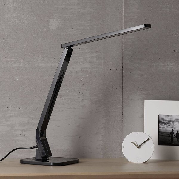 Lindby LED asztali lámpa Eleni, fekete, CCT, dimmelhető, dimmelhető, Fekete, Dolgozószoba / Iroda, Műanyag, Modern