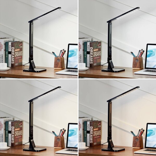 Lindby LED asztali lámpa Eleni, fekete, CCT, dimmelhető, dimmelhető, Fekete, Dolgozószoba / Iroda, Műanyag, Modern