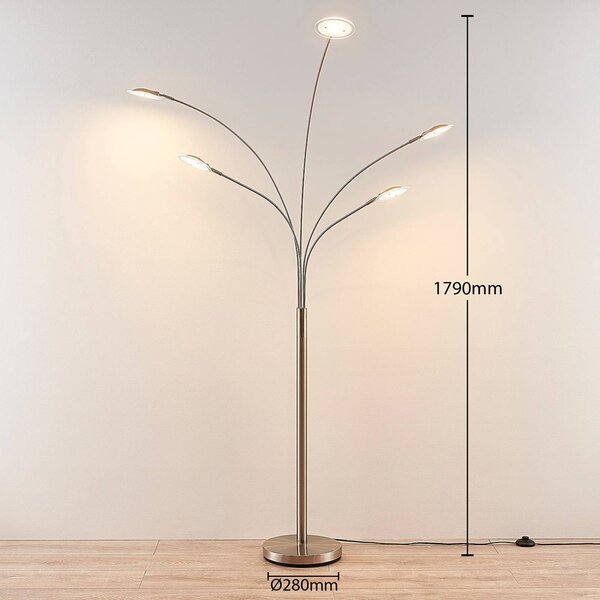 Lindby Anea LED álló világítás, 179 cm, 5 izzós, nikkel színű, Alu / szürke / cink, Nappali / Étkező, fém, Modern
