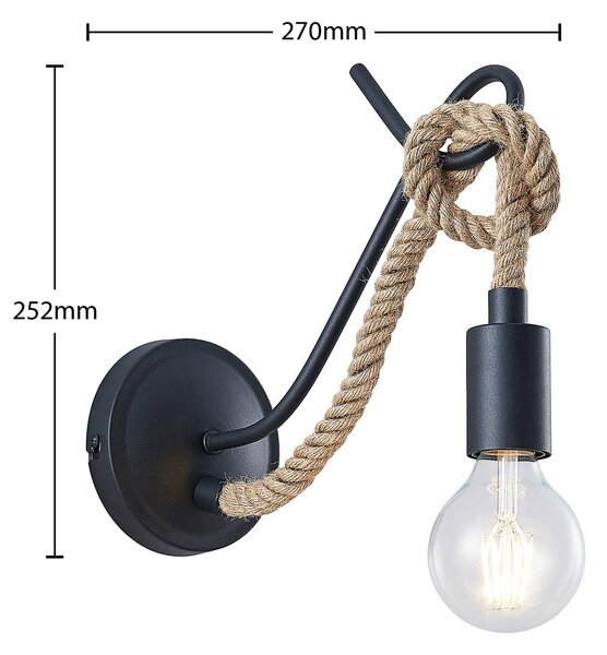 Lucande fali lámpa Ropina, fekete, kender kötél, magasság 25cm, dimmelhető, Fekete, Nappali / Étkező, fém, Vintage